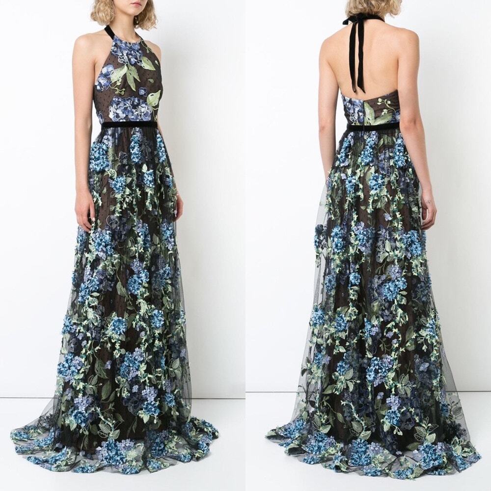 Marchesa Notte Black Floral 3D Hydrangea Embroidered Halter Dress Sz 12 NWT